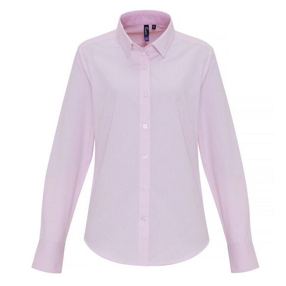 Premier Womens/Ladies Cotton Rich Oxford Stripe Blouse / White/Pink - Picture 1 of 3